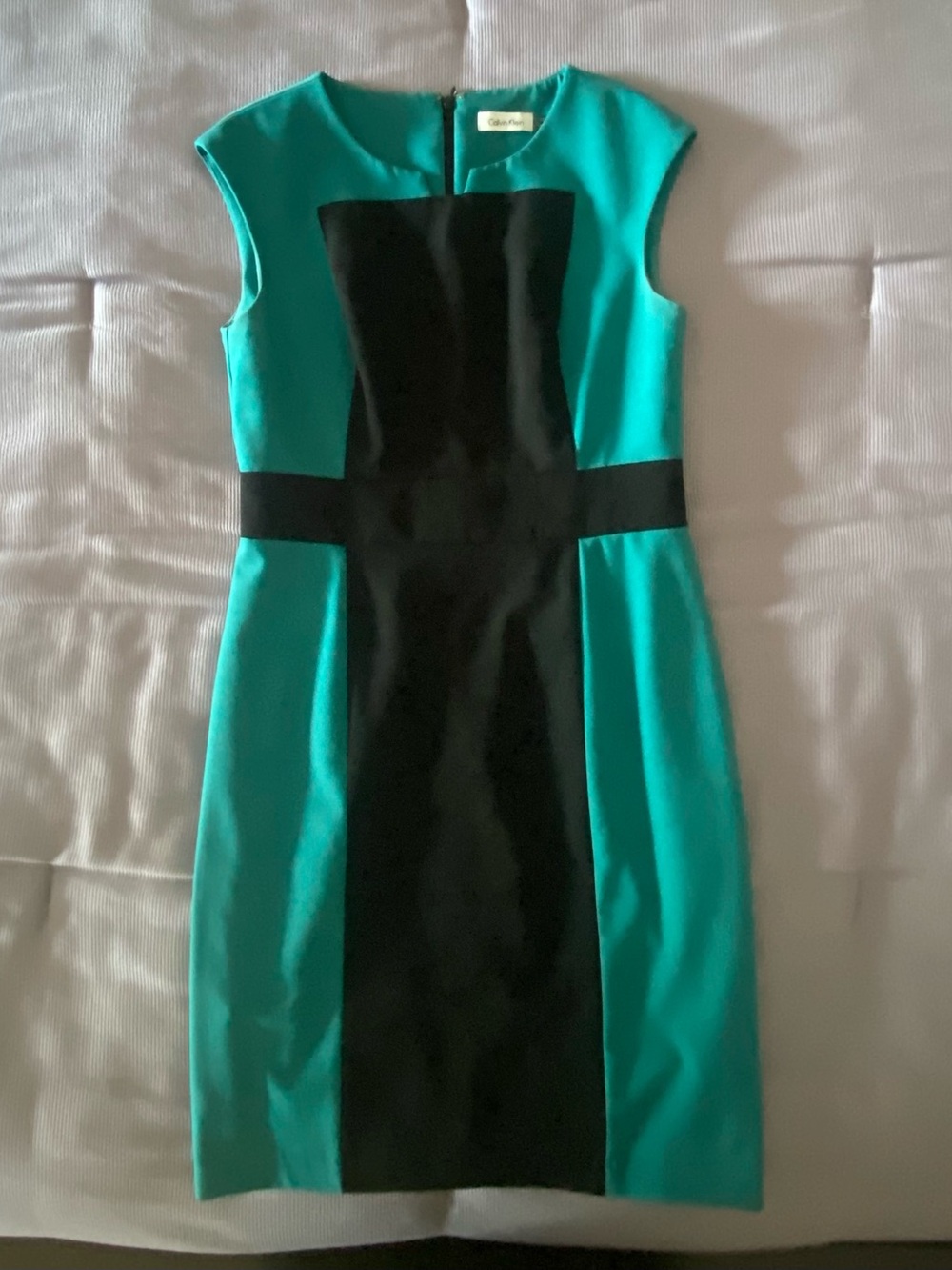 Calvin Klein Teal and Black Colorblock Midi Sheath Dress